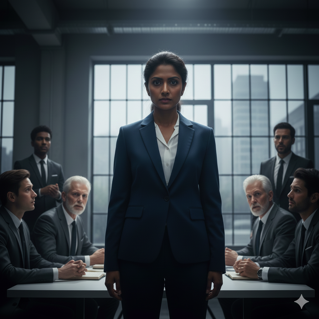 A woman in a blue business suit standing confidently in front of a group of businesspeople in a modern office conference room.
