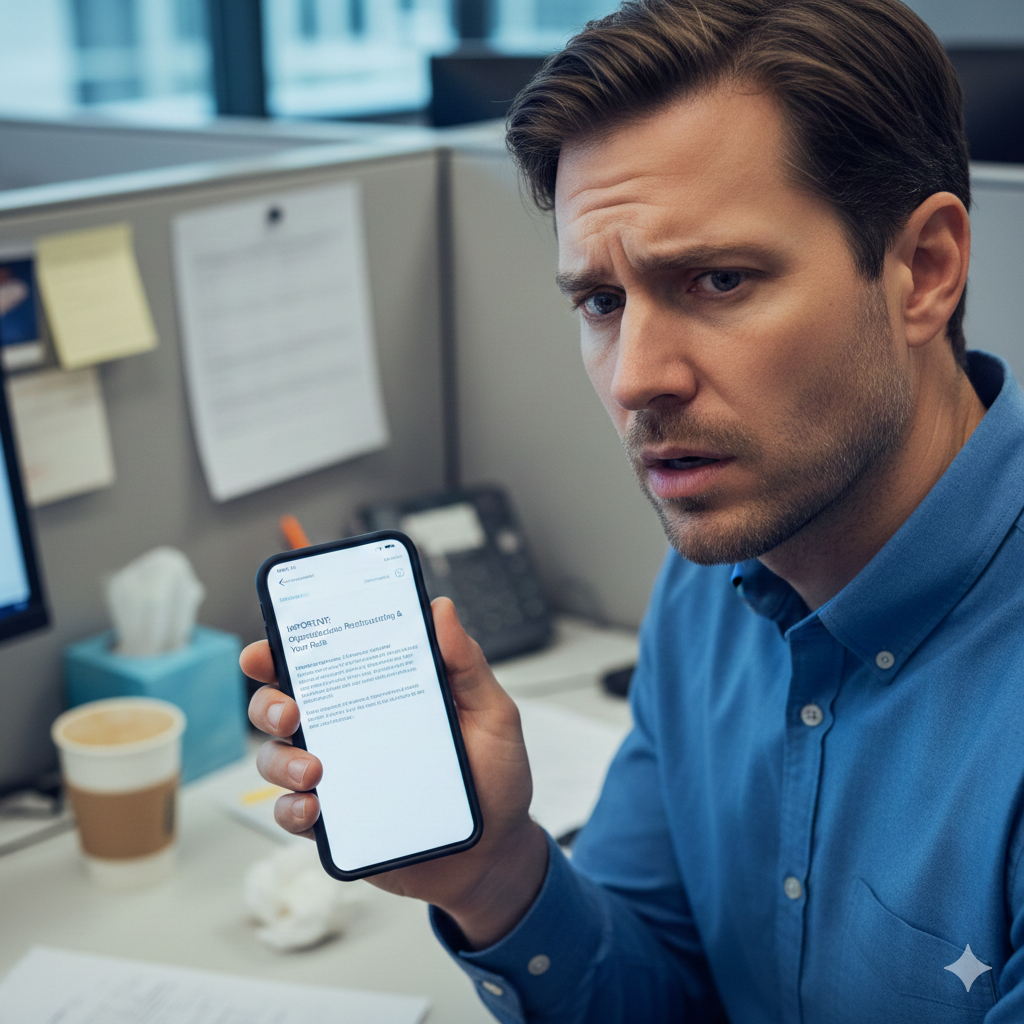 A man with brown hair and a blue shirt looks confused or concerned while holding a smartphone displaying a message. He is sitting at his office desk with a computer monitor, notes, a coffee cup, and office supplies in the background.