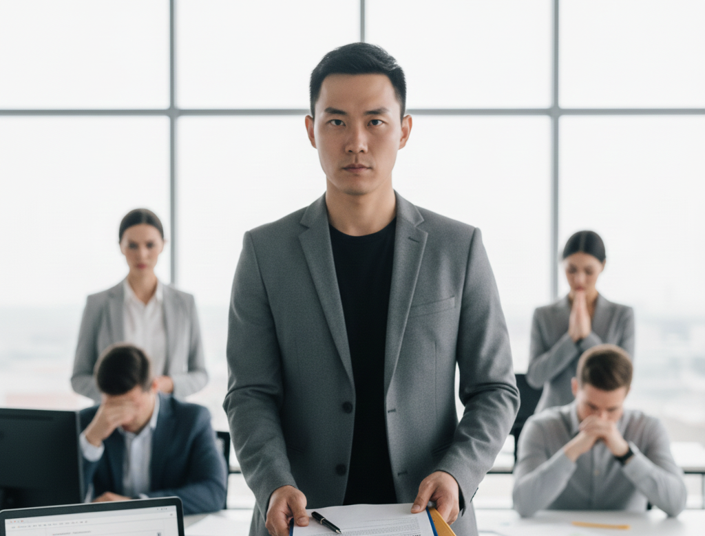 Businesspeople in a meeting room; man in foreground looking serious, four others in background with somber or stressed expressions