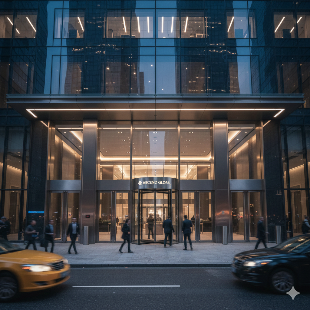 Modern glass office building with a lit entrance and people walking outside during the evening, along with cars on the street.