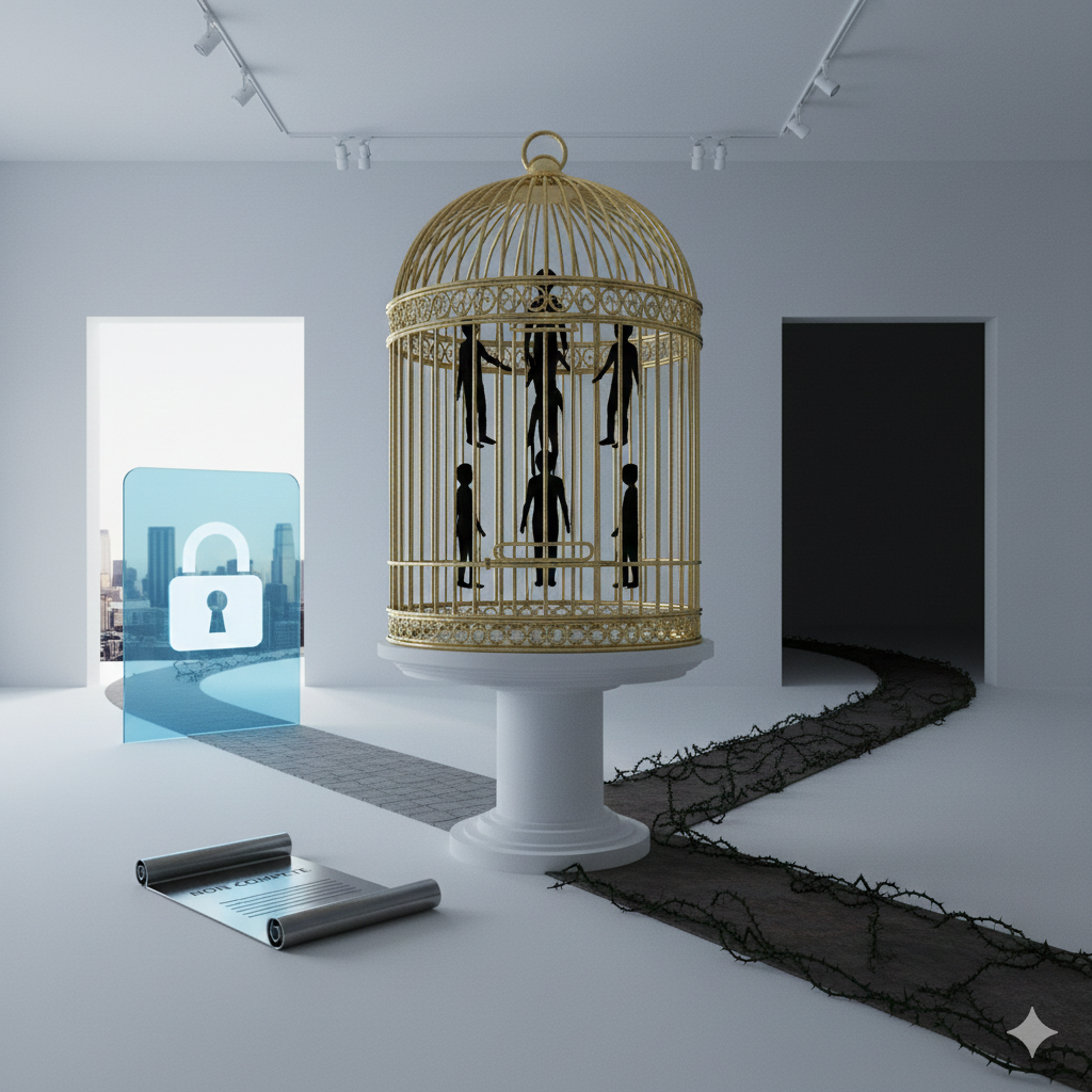 An art installation featuring a large, ornate golden birdcage on a pedestal, with black human silhouettes inside hanging or climbing. To the left, there's a glass screen with a lock symbol, and towards the front, a rolled-up sign with some text. The background has a doorway leading to a dark room and a pathway lined with barbed wire extending into the distance.