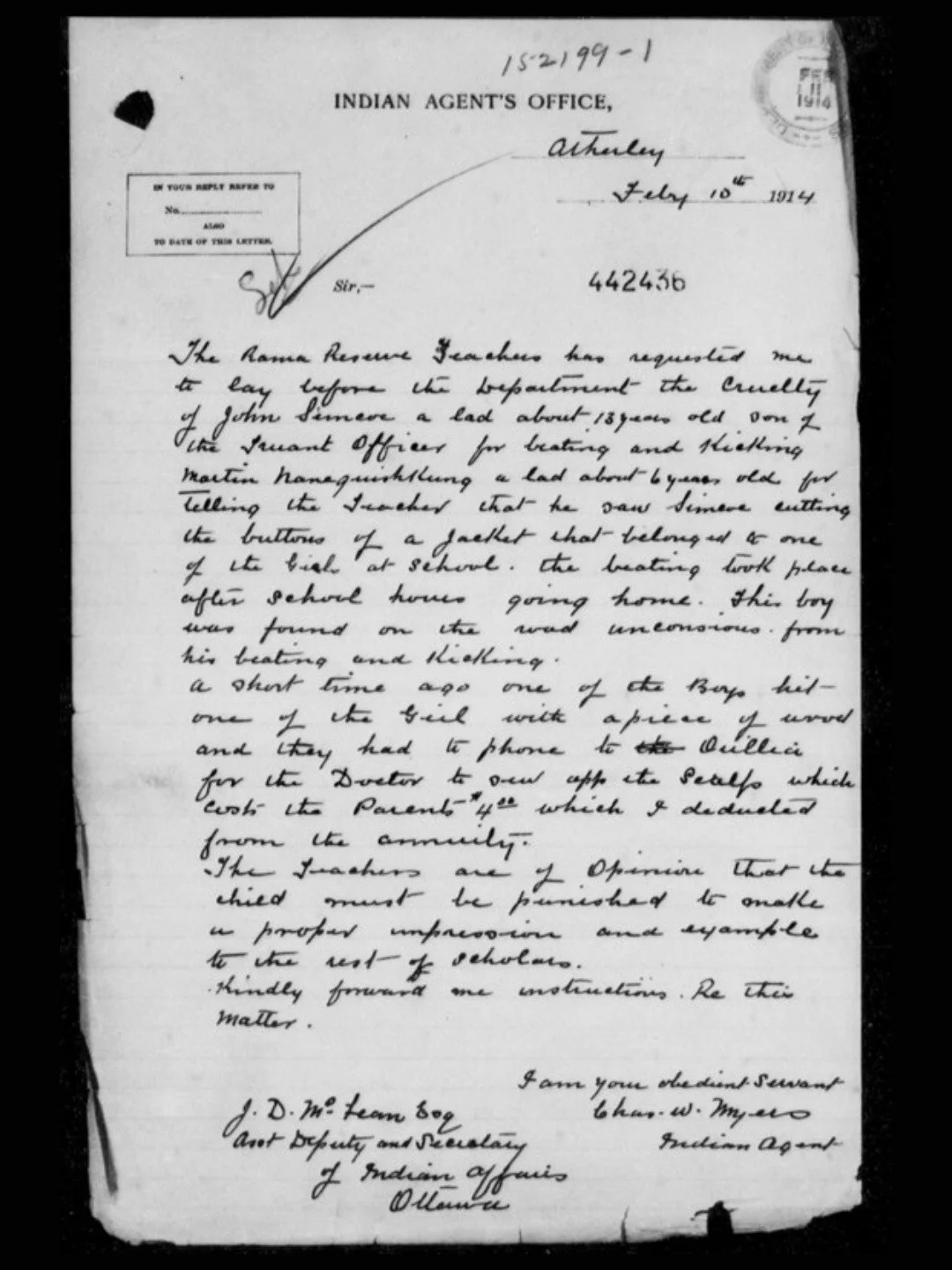 On February 10, 1914, Indian Agent Charles Myers reported to Ottawa that six-year-old Martin Noneguishkung had been beaten unconscious on his way home from the Rama Indian Day School. His &ldquo;offense&rdquo; was telling a teacher that another boy, 
