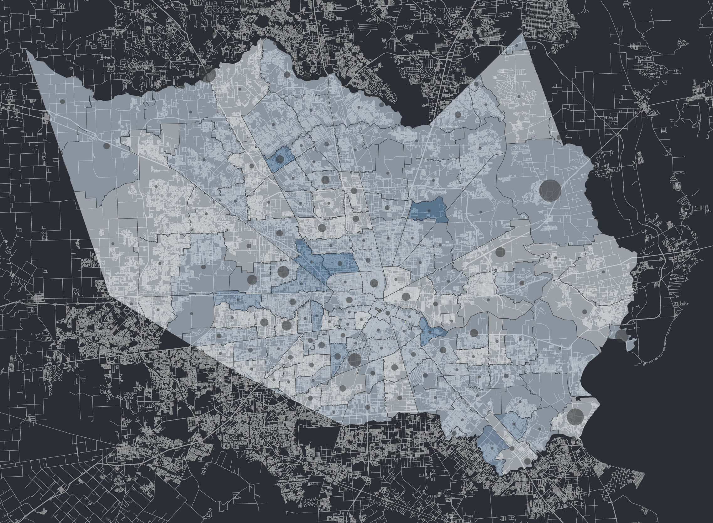A detailed map of a city with various neighborhoods, parks, and water bodies, showing different shades of blue and gray indicating different areas or data points.