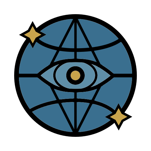 Circle with an eye in the center, surrounded by planetary orbits and two stars, giving a cosmic or celestial theme.