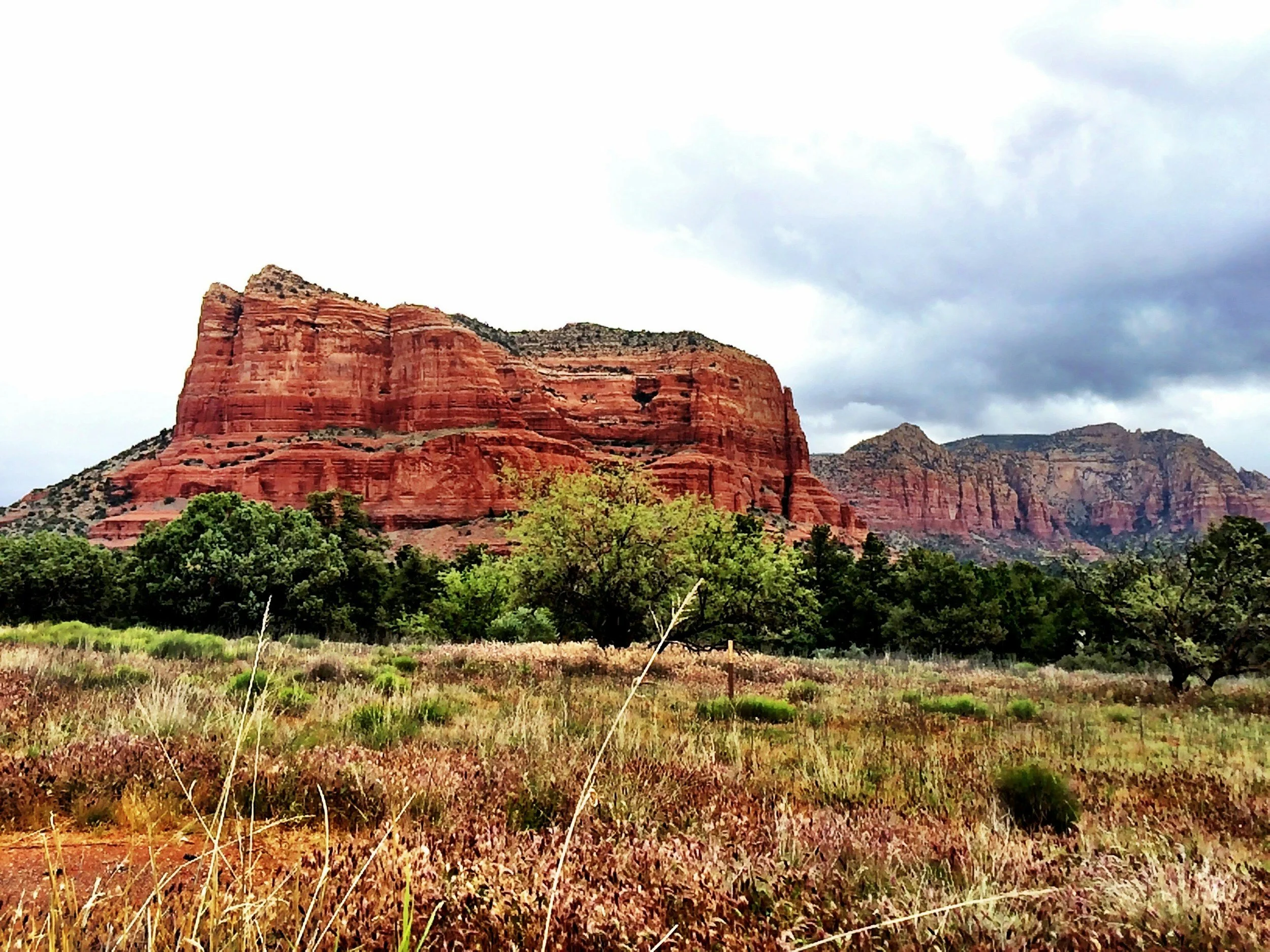 Red rock formation in a desert landscape with green trees and grasses under cloudy sky.