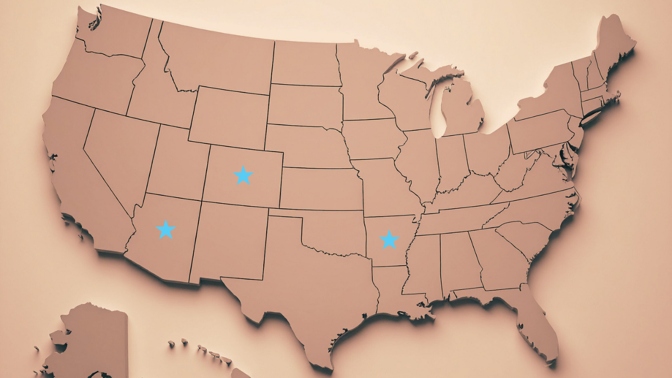 A map of the United States with three states highlighted by blue stars, representing Arizona, Texas, and Oklahoma.
