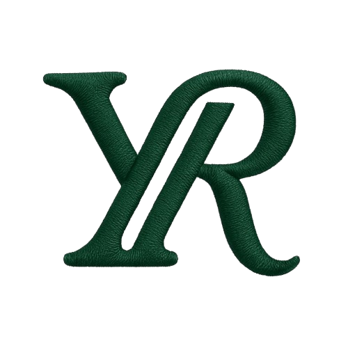 Green embroidered lettermark 'YR' on a white background.