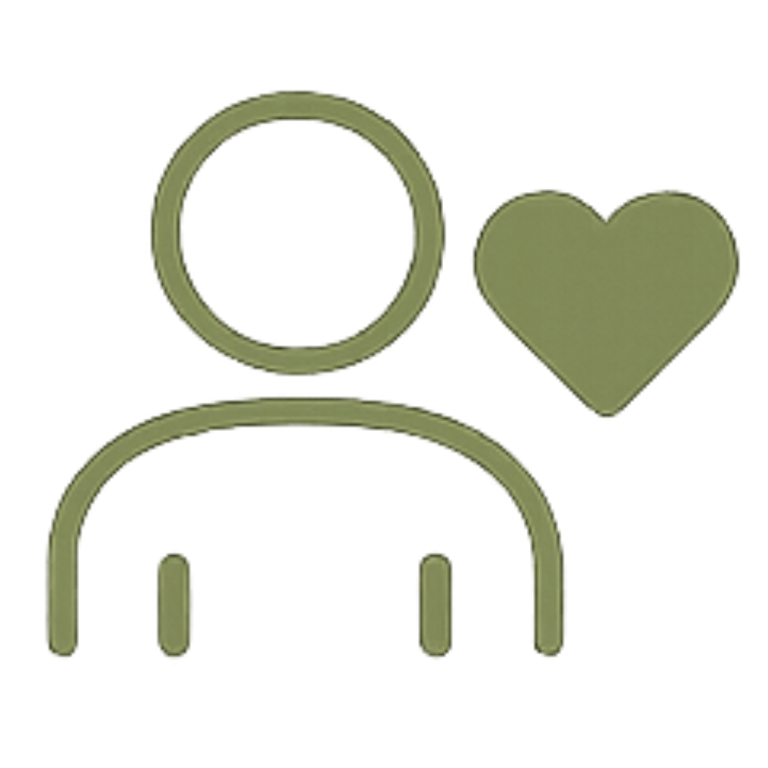 Outline of a person with a circular head, a rectangular body, and two vertical lines as legs. A heart shape is positioned to the right of the head.