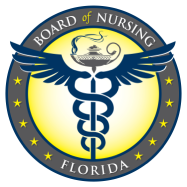 Seal of the Florida Board of Nursing, featuring a caduceus symbol with wings on a circular background with stars.