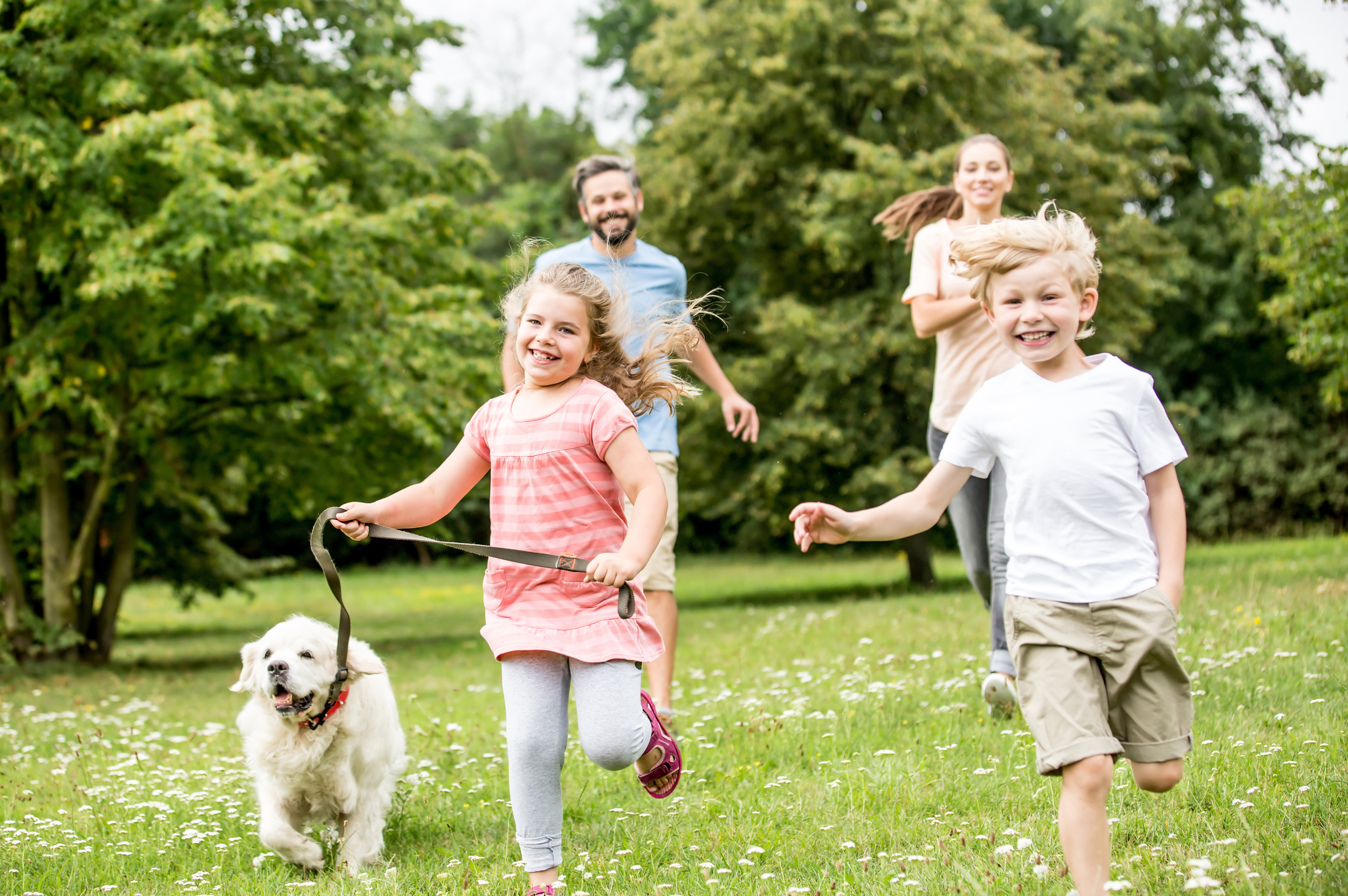 Naples, FL - Happy children and adults running outdoors in a park with a dog on a grassy field surrounded by trees.