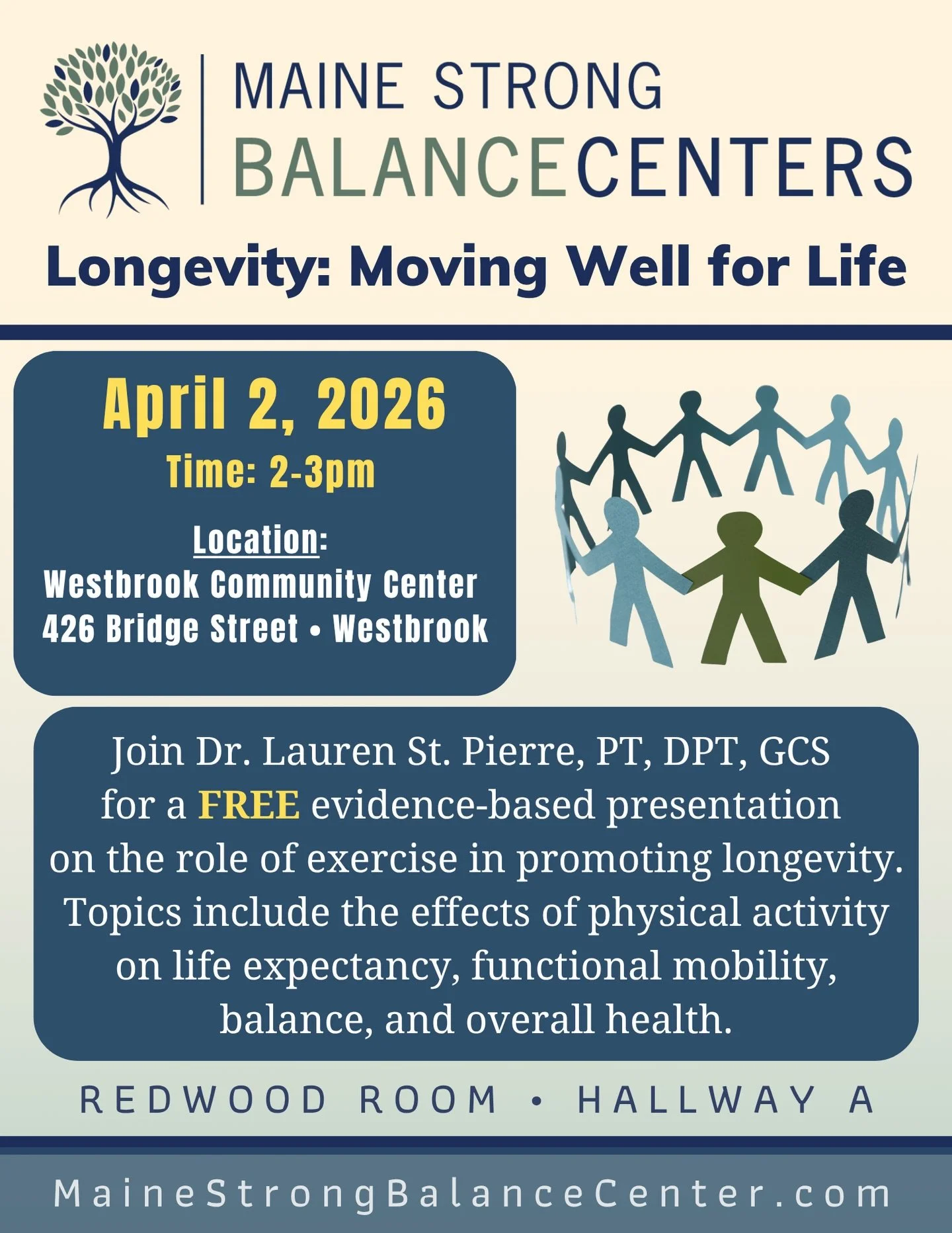Live better, longer 💛

Join us at the Westbrook Community Center for a FREE longevity talk hosted by the Balance Center. 

✨ Open to all
✨ Bring your questions (and a friend!)
✨ No cost, just valuable info

📍 Westbrook Community Center

#msbc #main