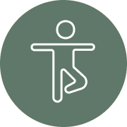 A minimalist icon of a person in a yoga pose with one leg raised and arms extended, on a dark green circular background.