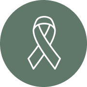 Pink awareness ribbon on a dark green background.