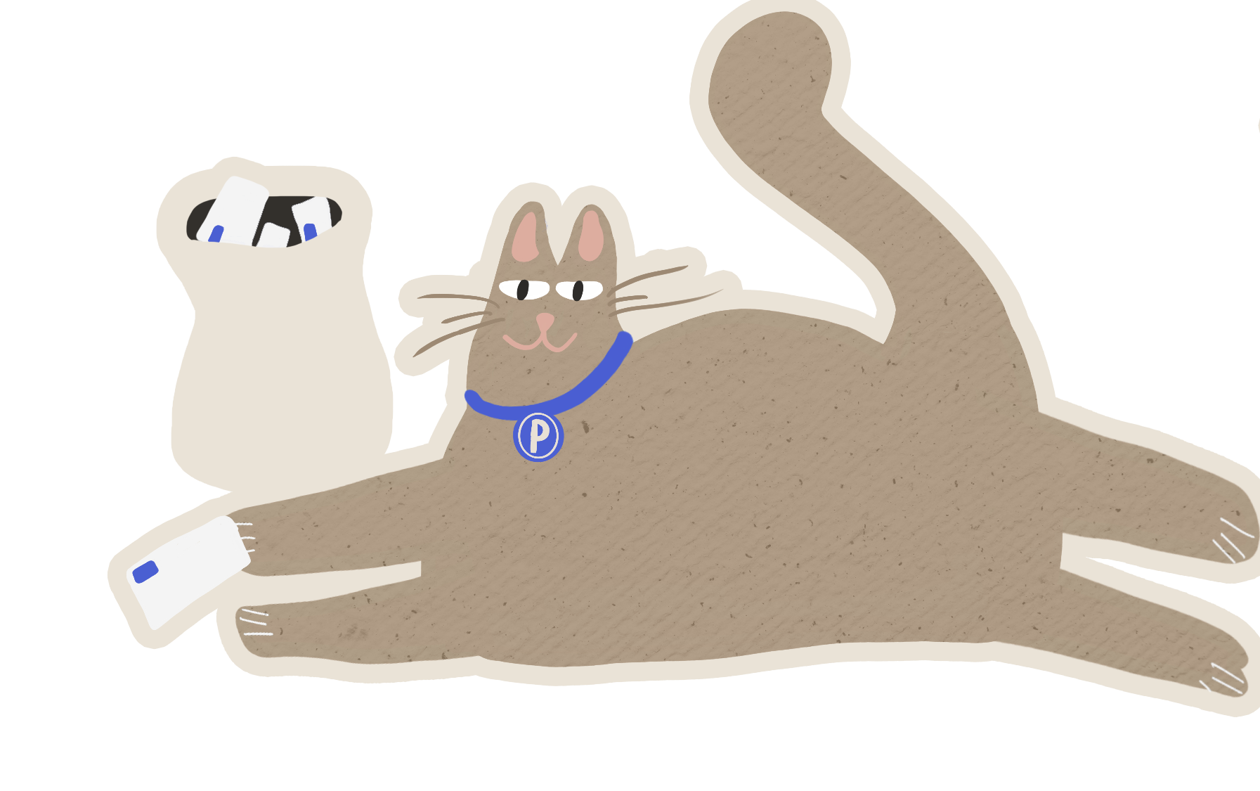 Dibujo de un gato con collar azul, brazo con vendaje, descansando en una cama, con una taza y una caja de artículos en una mesa