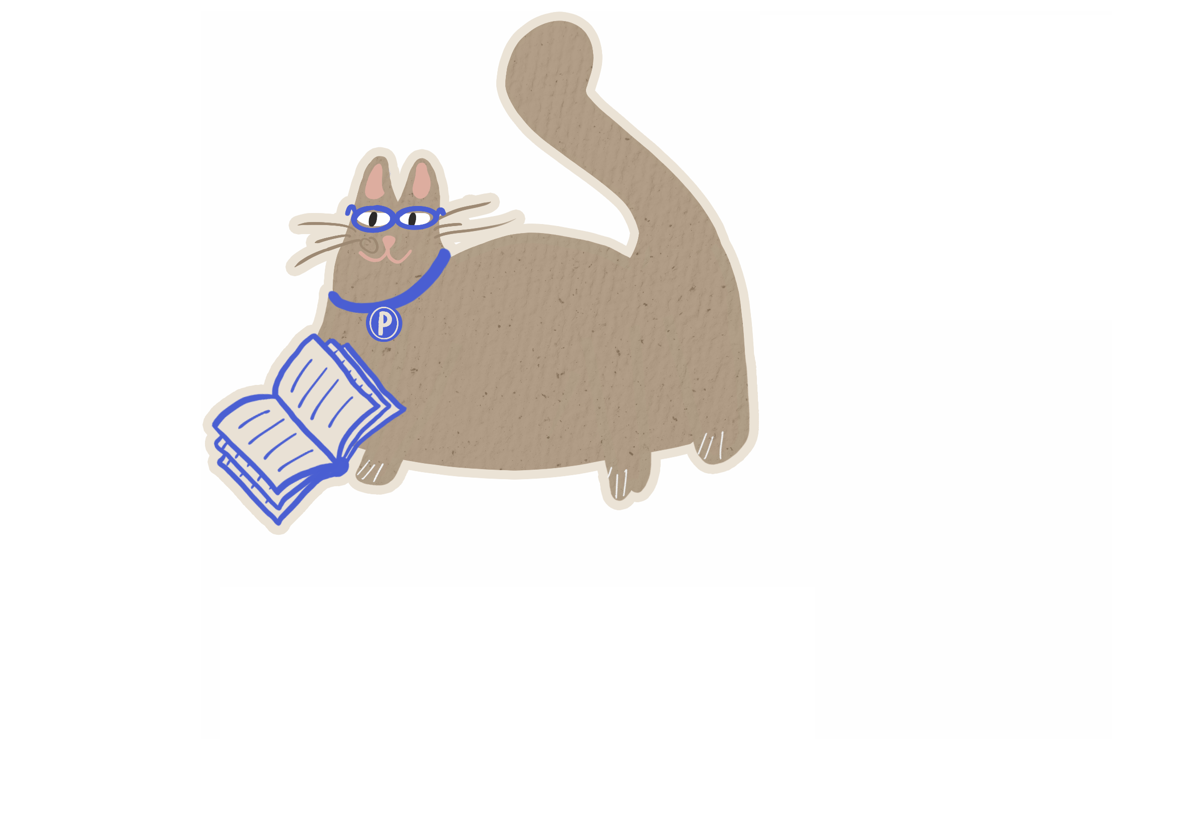 Ilustración de un gato gris con gafas azules, collar con letra P, y libro abierto en la pata. El gato está de perfil, con la cola levantada, en un fondo beige claro.