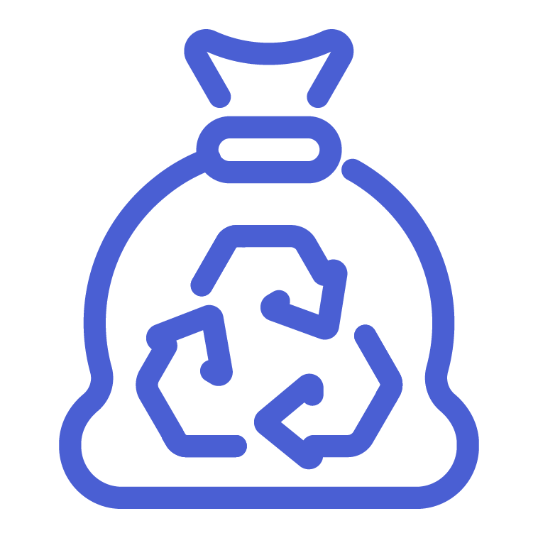 Ilustración de una bolsa de basura con el símbolo de reciclaje en su interior, en color azul.