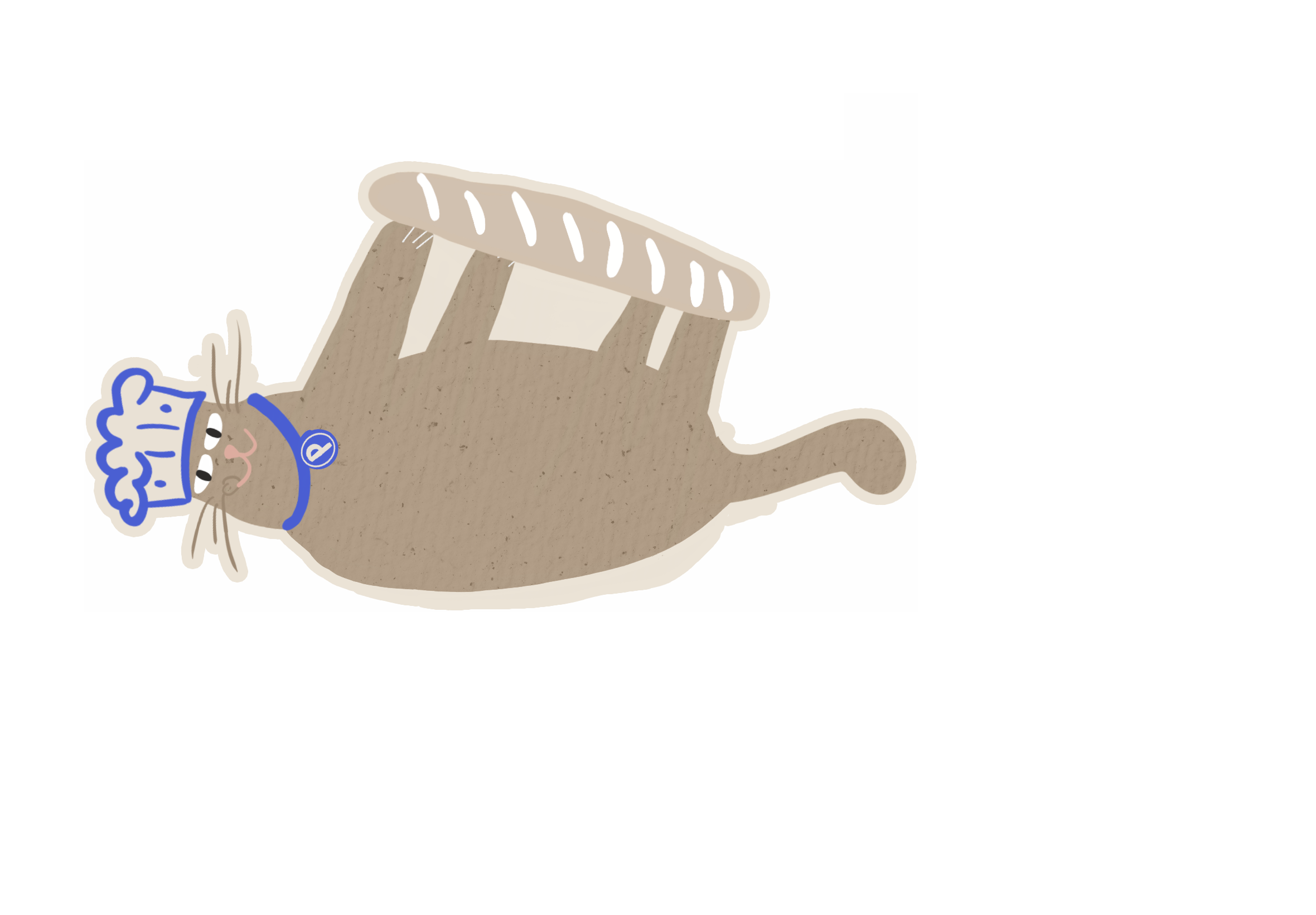 Dibujo de una mano sosteniendo un pastel redondo con glaseado beige y decoraciones blancas, personaje de cartoon con gorra azul, bigotes y expresión alegre.