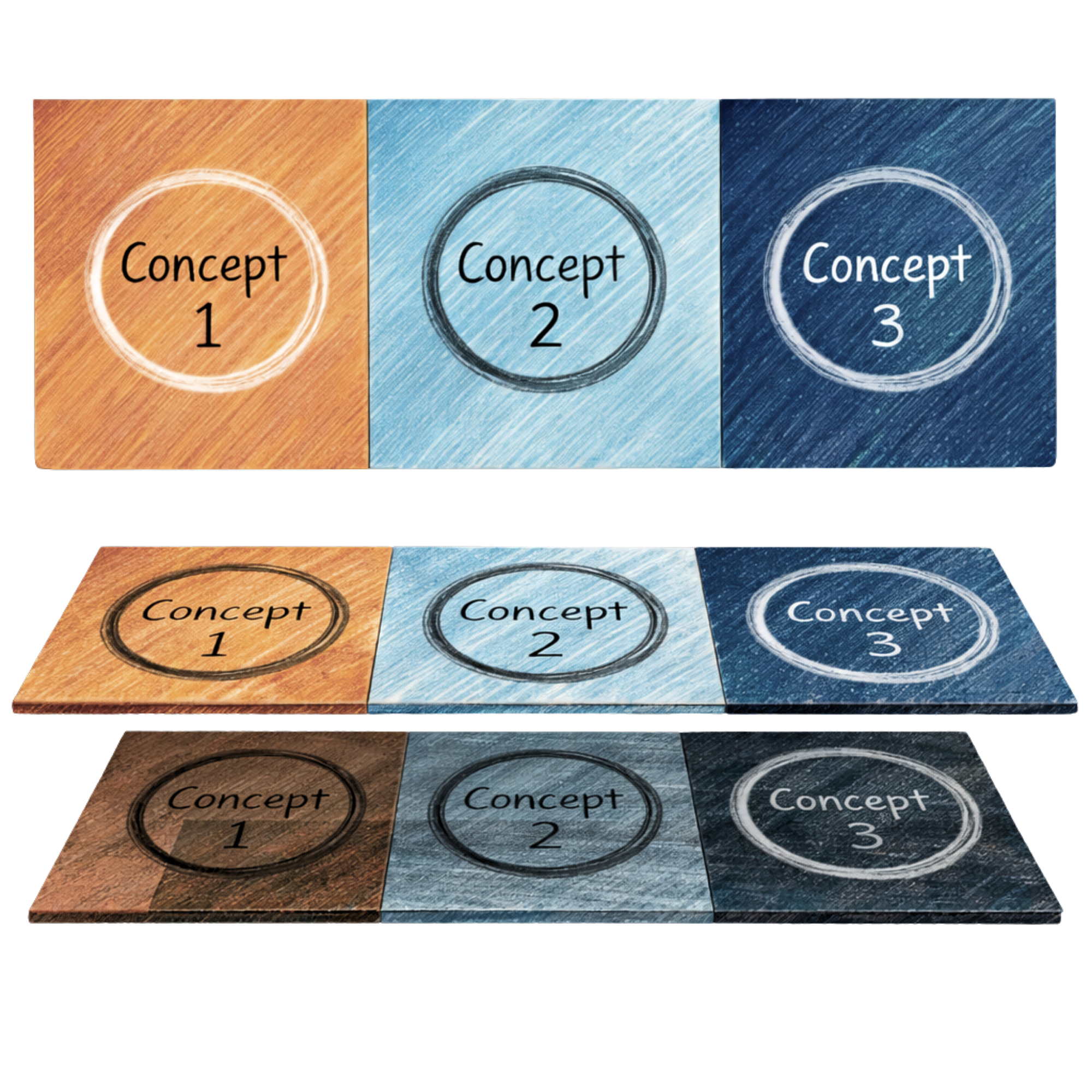 Three different visual designs of the same concept diagram. The top design features three colored sections labeled 'Concept 1', 'Concept 2', and 'Concept 3' with a textured background. The middle design shows the same concepts in a horizontal layout with a similar textured background. The bottom design presents the concepts on a wooden textured background with darker tones.