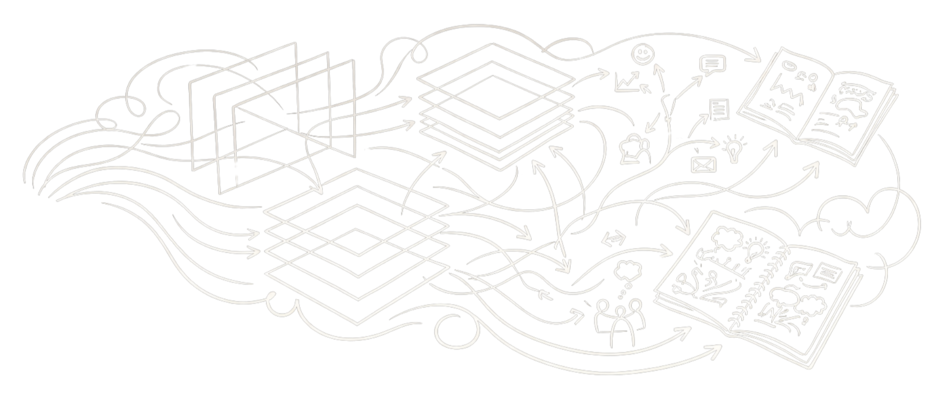 A digital illustration of a flowchart with interconnected arrows, geometric shapes, and icons representing ideas, communication, and knowledge, drawn in white on a black background.