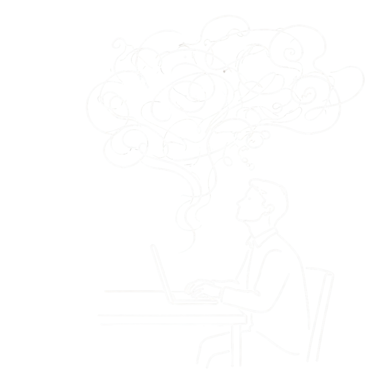 Line drawing of a man sitting at a desk with a laptop, with a thought bubble shaped like a cloud of scribbles above his head.
