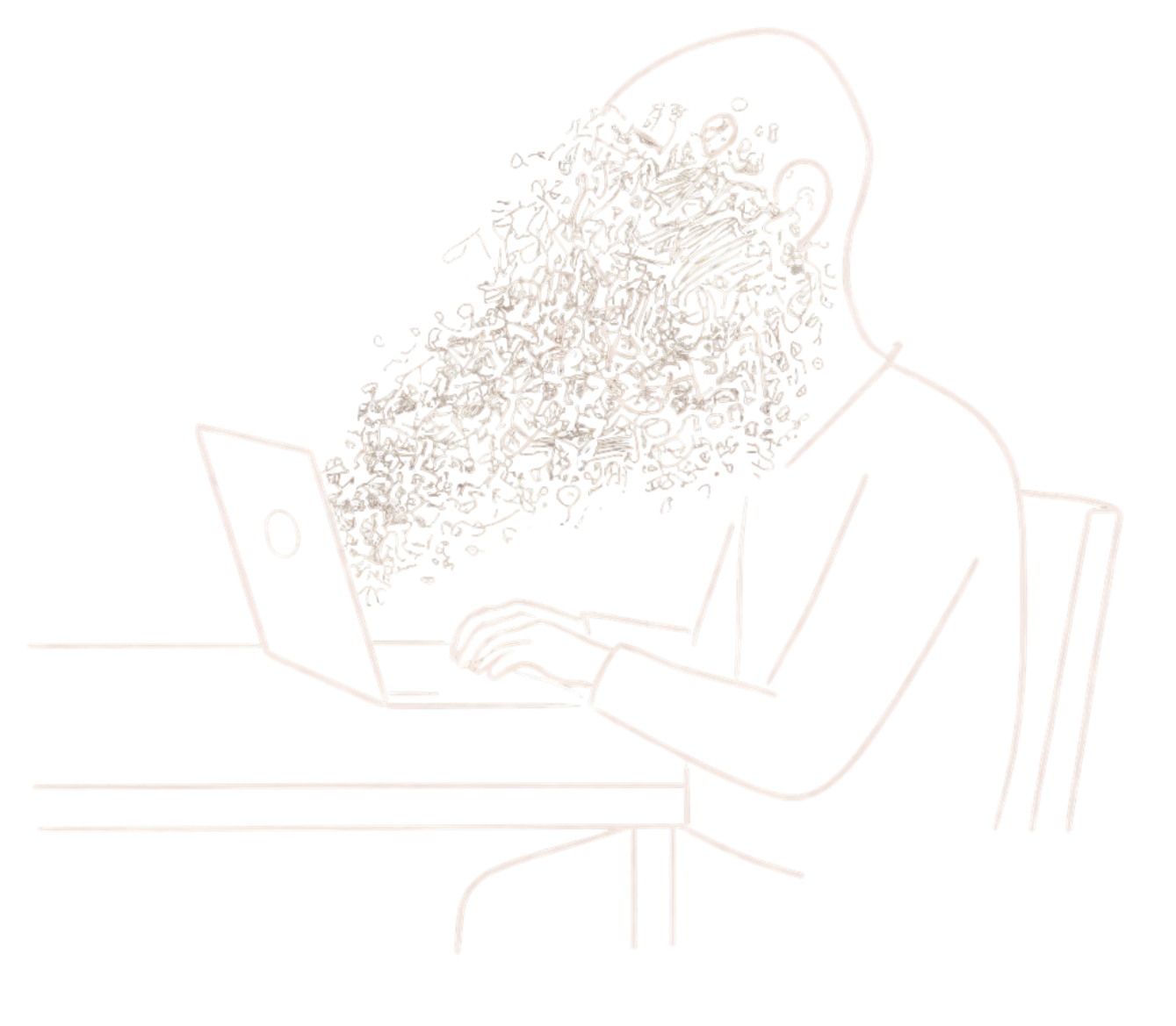 Line drawing of a person working on a laptop with a stream of chaotic symbols pouring out.