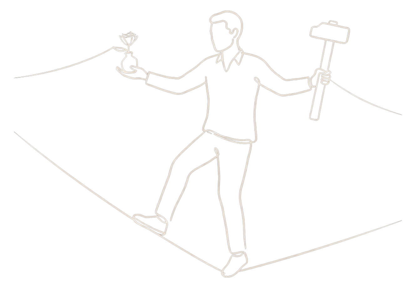Line drawing of a man balancing on a tightrope while holding a small potted plant in one hand and a hammer in the other.
