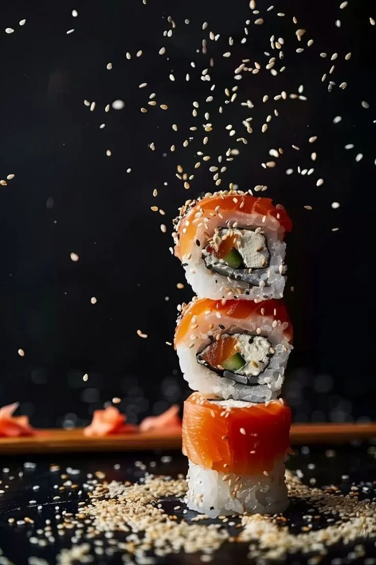 A stack of sushi rolls topped with salmon, garnished with sesame seeds, with rice grains scattered on a dark surface.