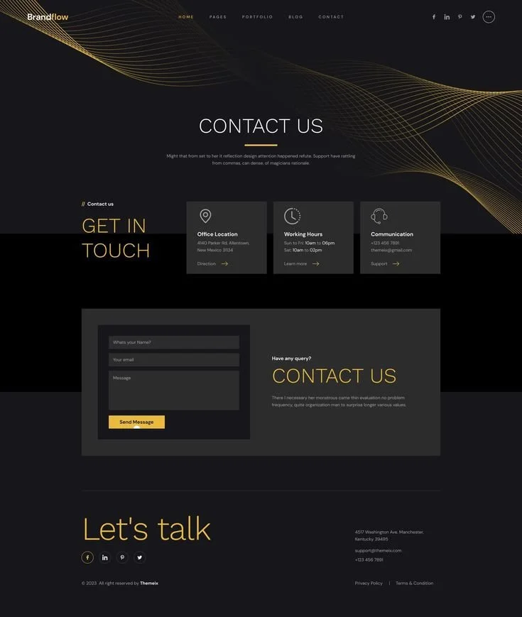 Webpage titled 'Contact Us' for a company called Brandflow, featuring office location, working hours, communication info, a contact form, and social media icons on a dark background with gold accents.