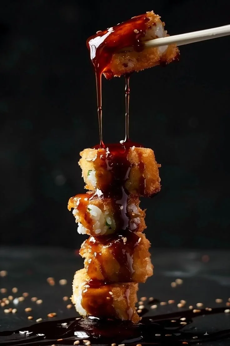 A vertically stacked sushi roll being dipped in dark soy sauce, with chopsticks holding the top piece. The sushi contains rice and possibly seafood, topped with a sauce and sesame seeds.