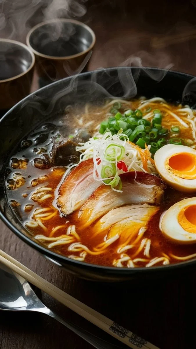 A bowl of steaming ramen with sliced pork, soft-boiled eggs, green onions, and noodles in a dark broth, accompanied by small empty bowls and chopsticks.