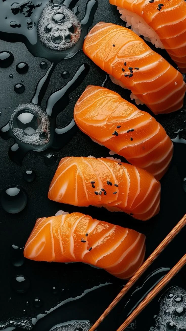 Sliced salmon sashimi topped with black sesame seeds, placed on a black surface with soy sauce and bubbles around, with chopsticks at the bottom right corner.