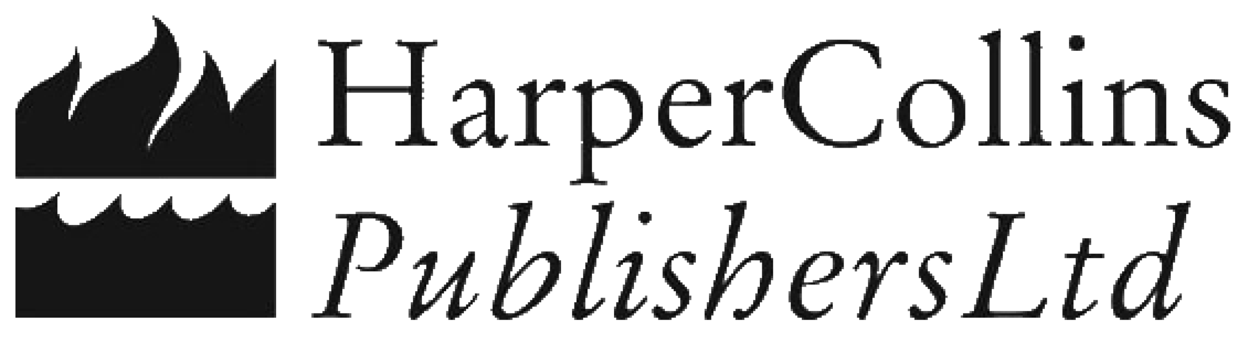 Logo for Harper Collins Publishers LLC, featuring a stylized black flame on top of the group's name in black text.