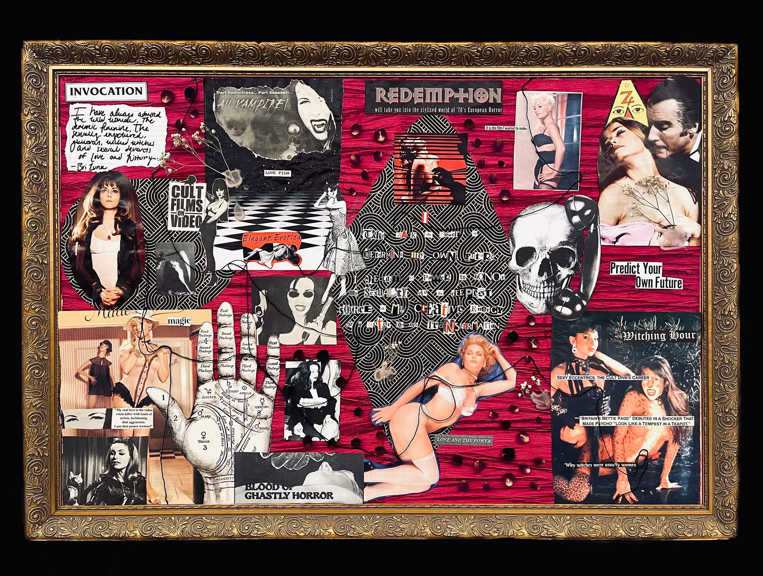 A collage on a decorative gold-framed board with various images, text, and illustrations, including vintage-style photos, horror and gothic imagery, and references to cult films, sexuality, and empowerment, centered around a stylized black-and-white skull with flowers and a telephone.