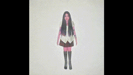 A cartoon girl with long black hair wearing a white and yellow top, black skirt, and black thigh-high socks.