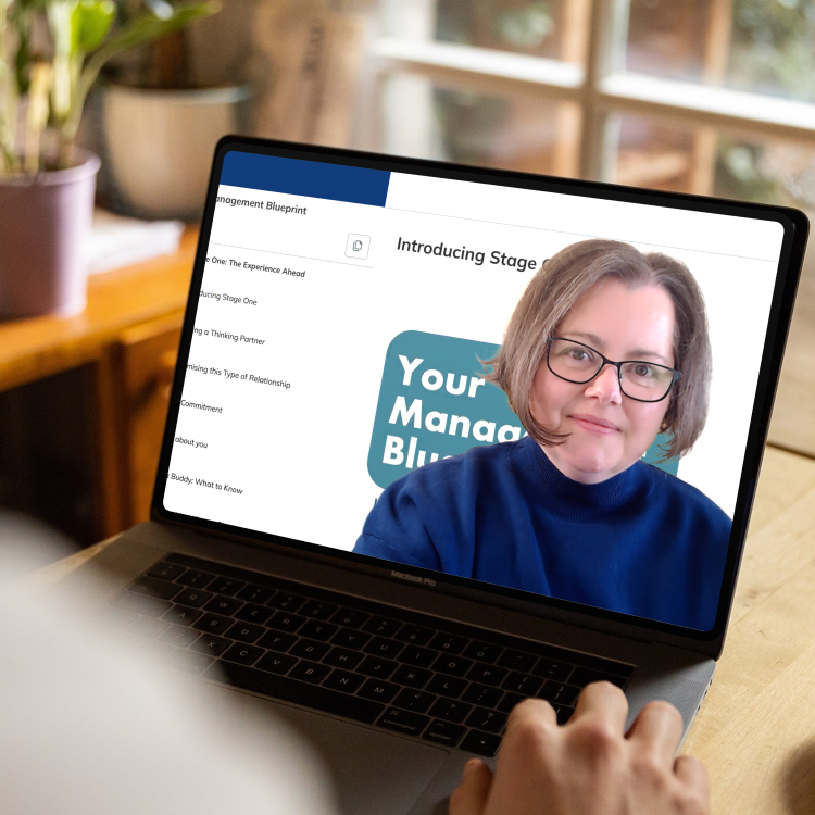 Person speaking with someone on a laptop with an online course in the background