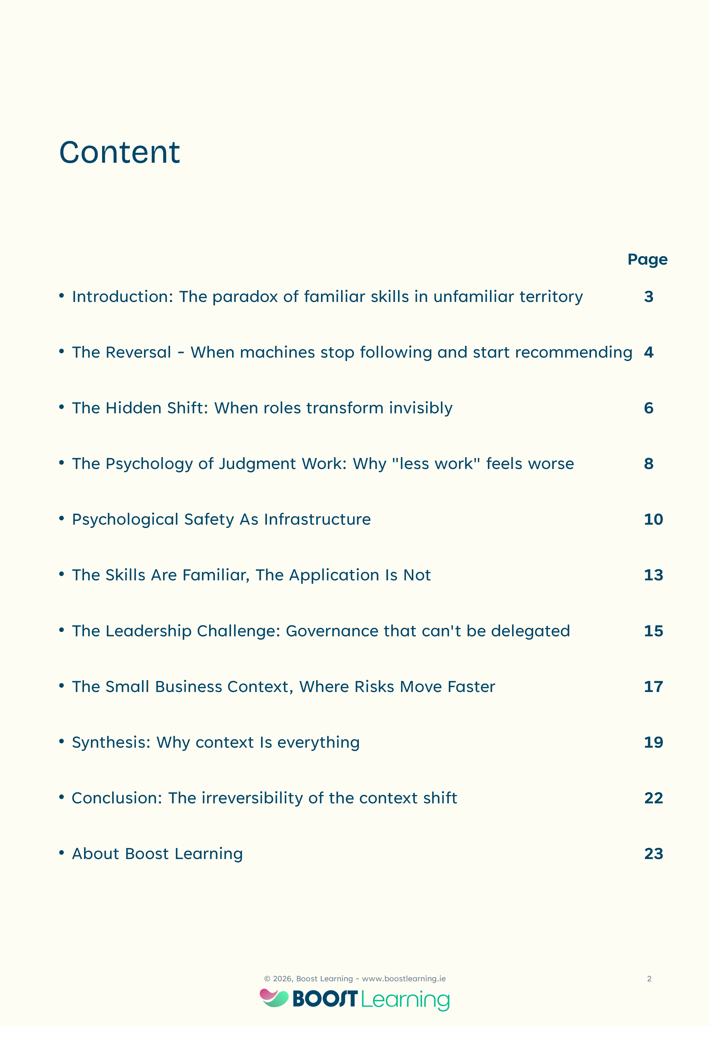Content Page of Discussion Paper on Intelligent Working and the Transformation of Management Practice