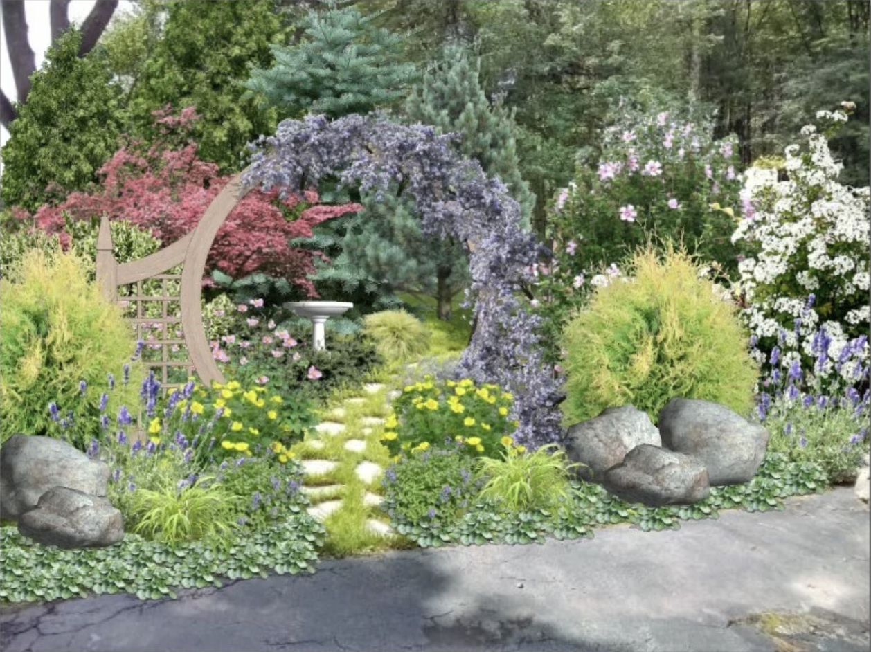 Colorful garden with various flowering plants, bushes, rocks, a small stone pathway, and wooden garden arch.