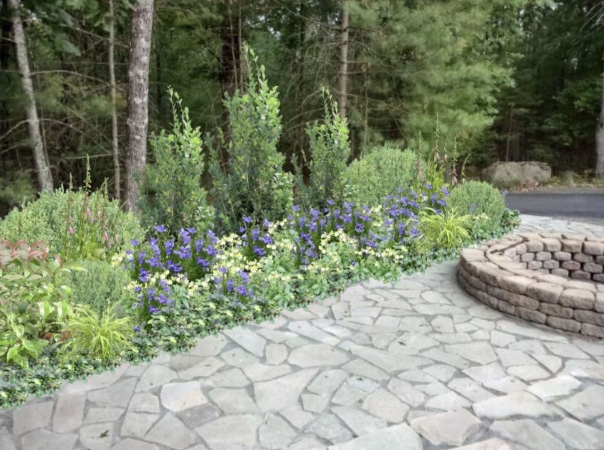 Flower bed with purple, white, and green plants next to a stone patio and a wooded background.