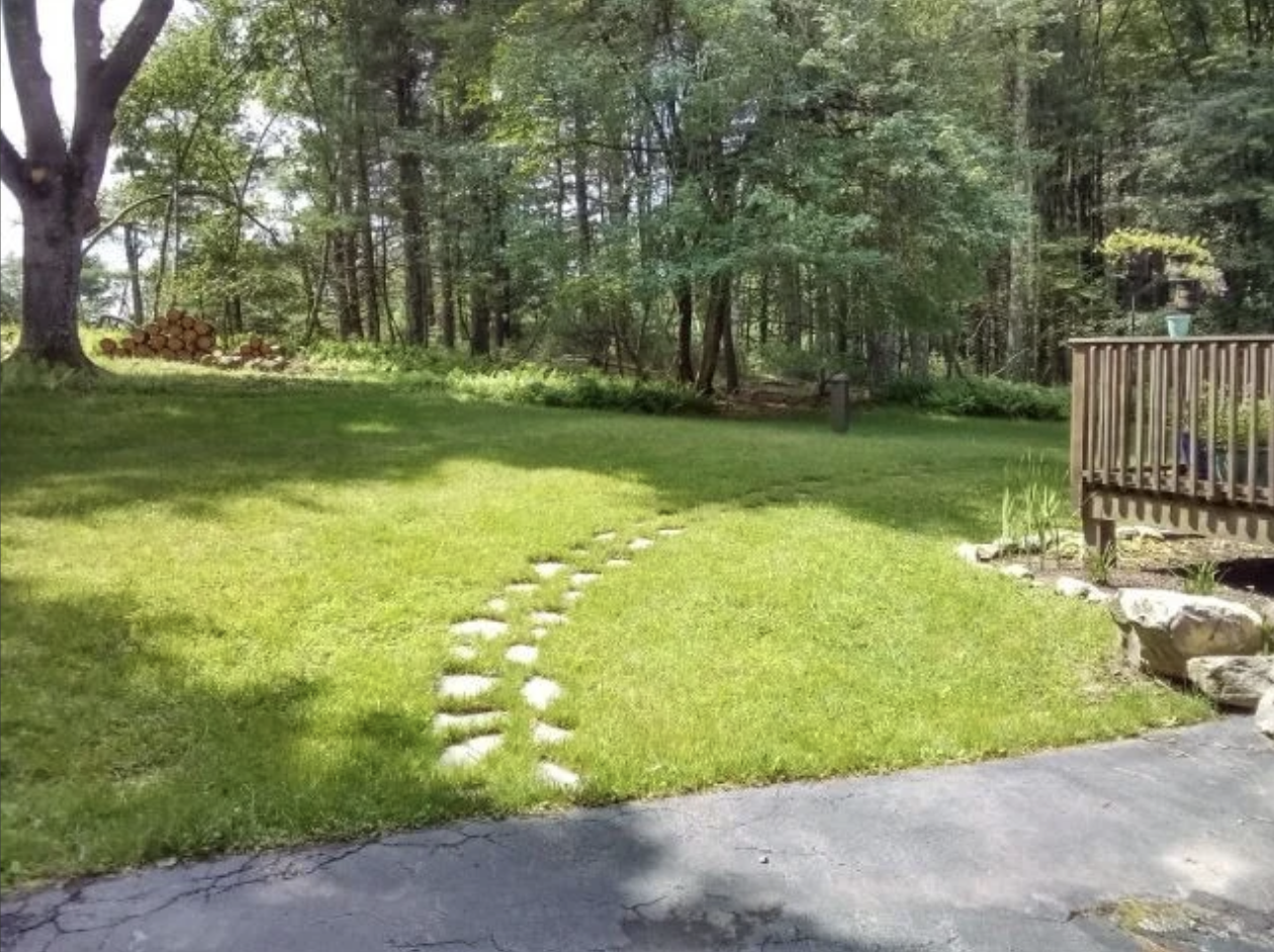A backyard with a grassy lawn, stone stepping path, a large tree, and a wooded area in the background. There is a wooden deck on the right side and a small flower bed with new plants.