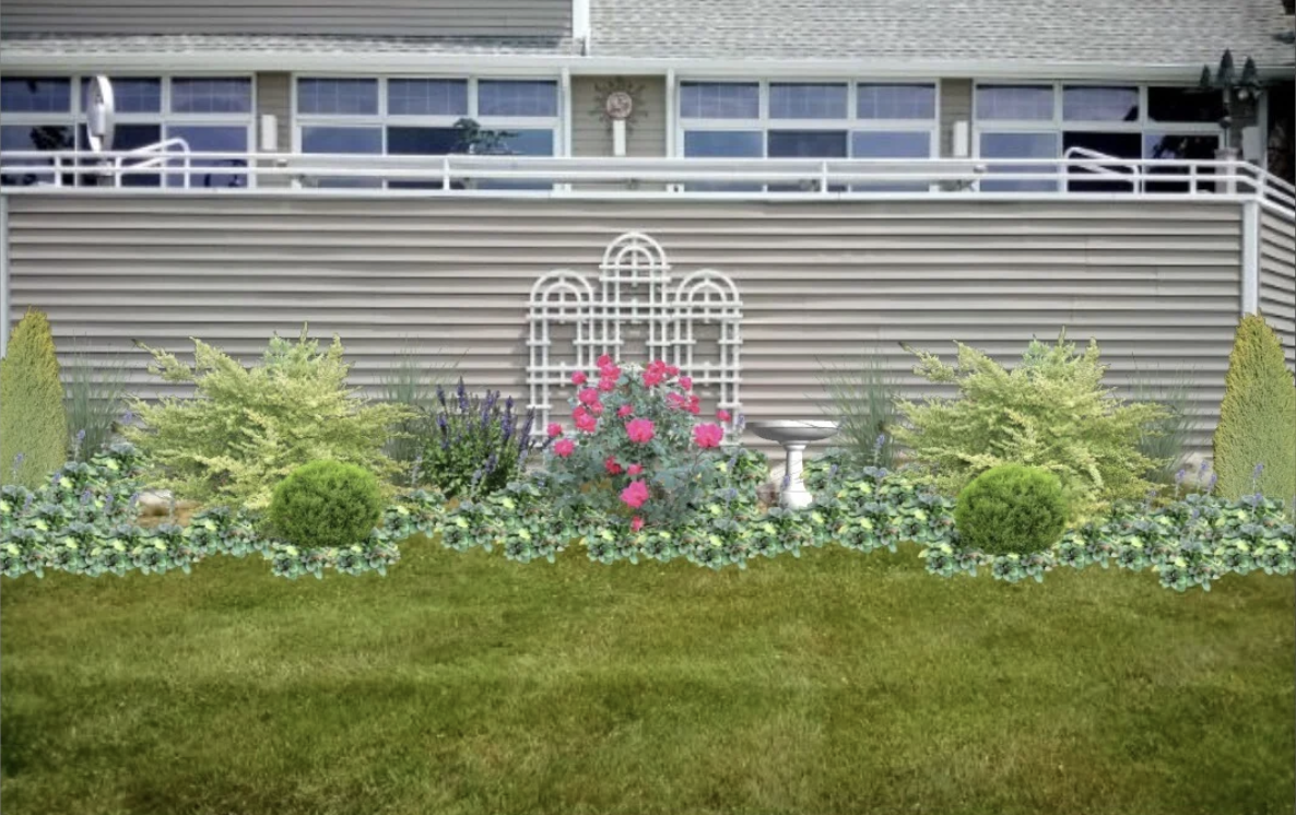 A landscaped garden with flowering plants and shrubs in front of a modern house with a deck and railing.