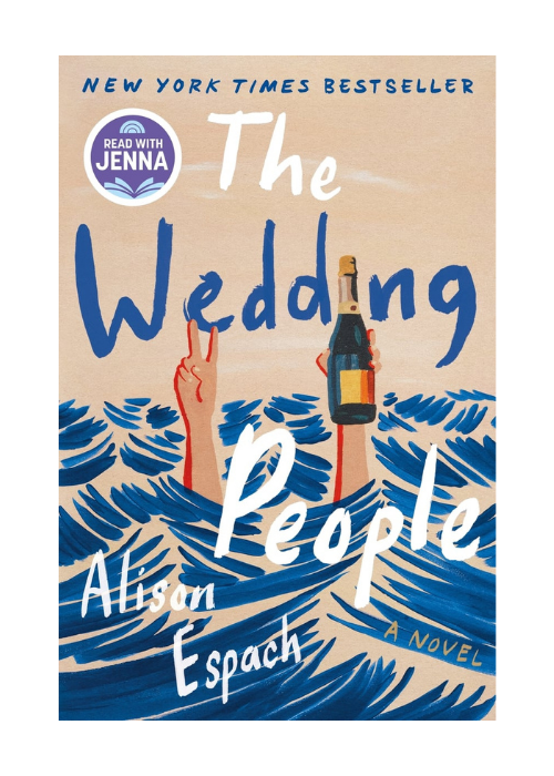 Book cover for 'The Wedding People' by Alison Espach, featuring a hand holding a champagne bottle and another hand making a peace sign over stylized blue water waves with a light brown background.