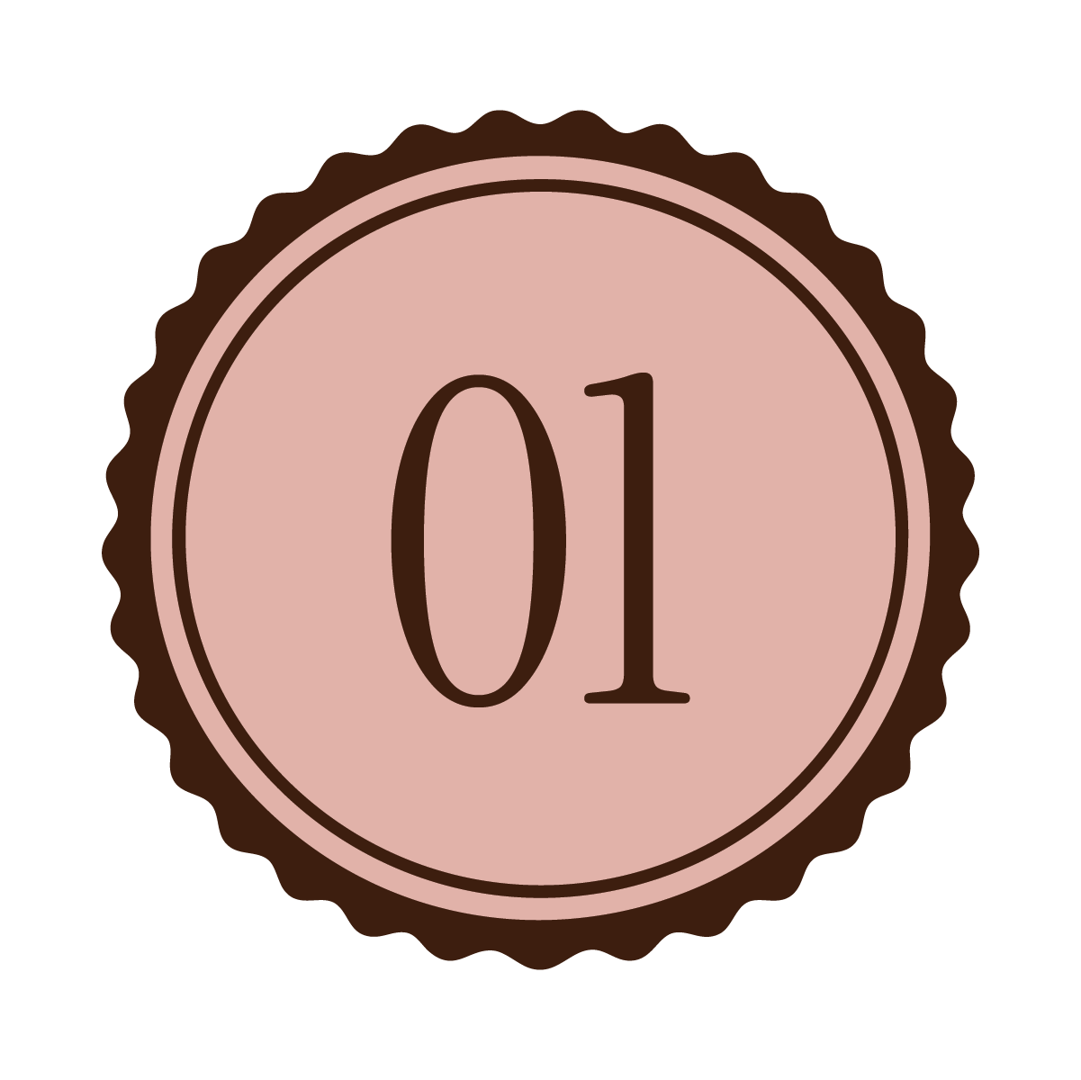Number one chocolate badge or badge-shaped token with pink center and brown scalloped border.