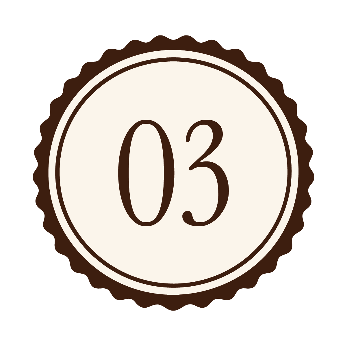 Number 03 in brown text on a beige circular background with a brown scalloped border.