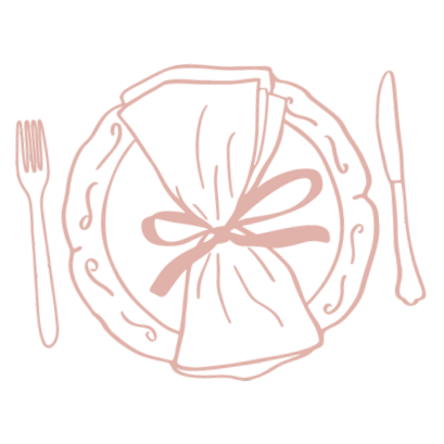 A plate with a wrapped gift-like bow in the center, accompanied by a fork on the left and a knife on the right, set on a dark background.