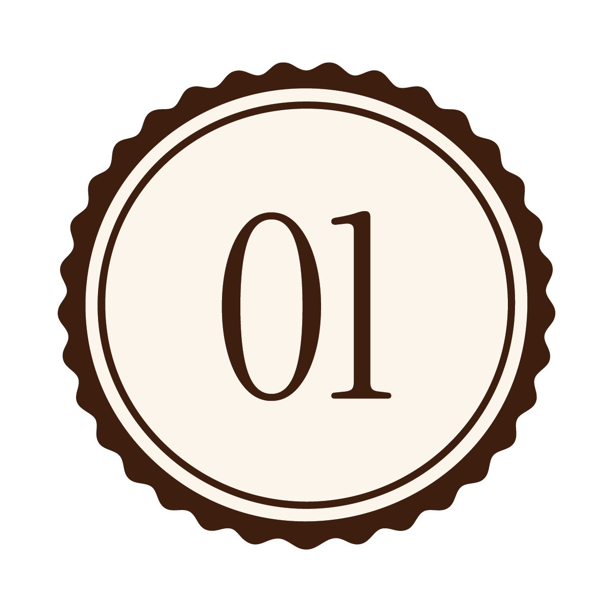 A circular badge with a wavy, scalloped edge in dark brown, featuring the number 01 in bold, dark brown font on a light beige background.