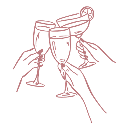 Three hands raising tall glasses with drinks, one with a lime garnish, in a celebratory toast.