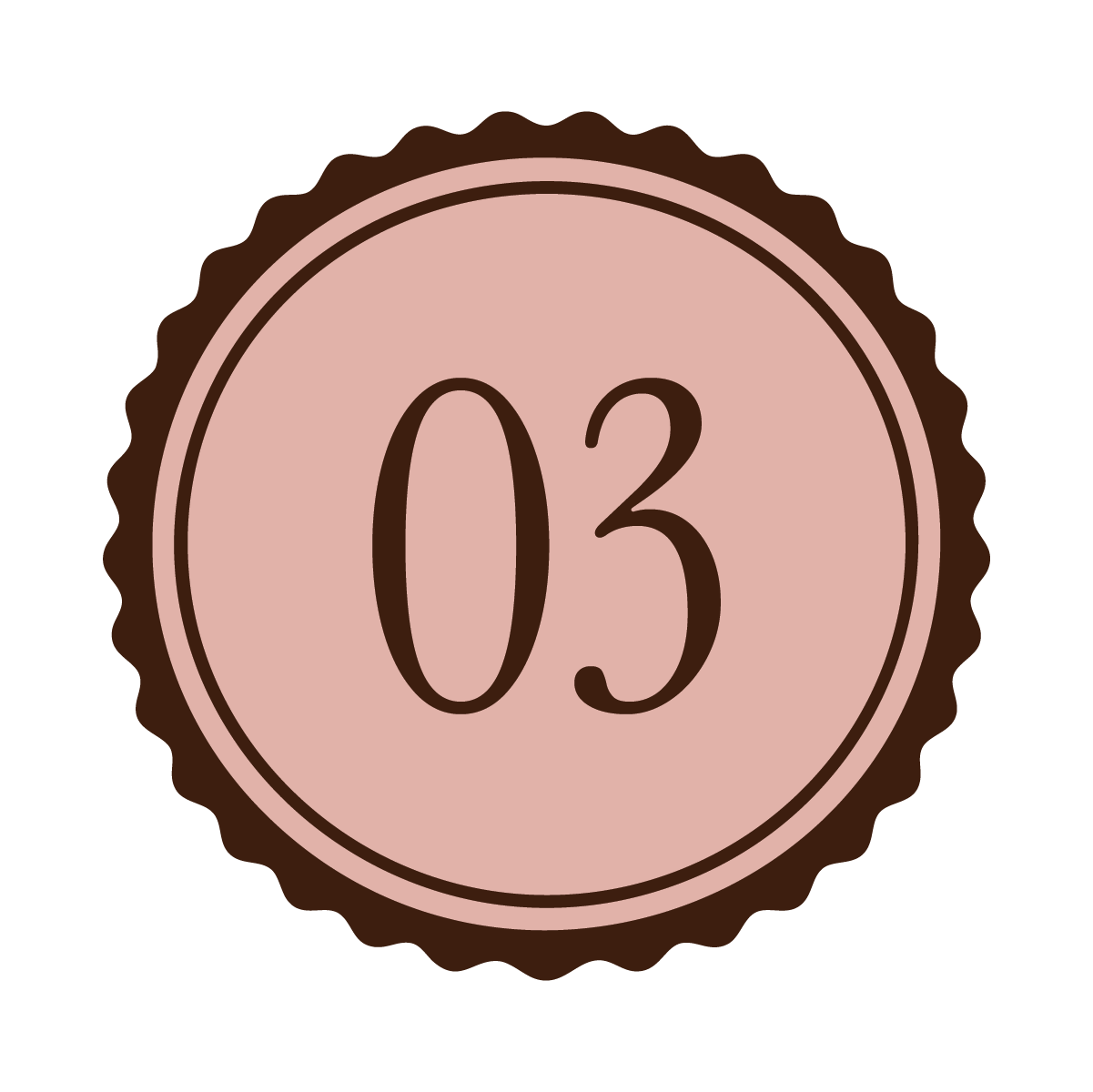 Digital illustration of a round badge with a pink center and brown scalloped border, displaying the number 03 in brown text.