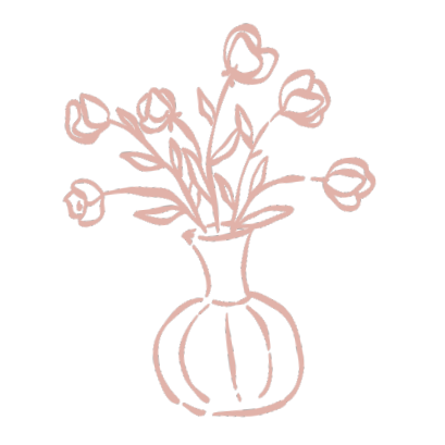 A simple line drawing of a vase with flowers, sketched in pink on a black background.