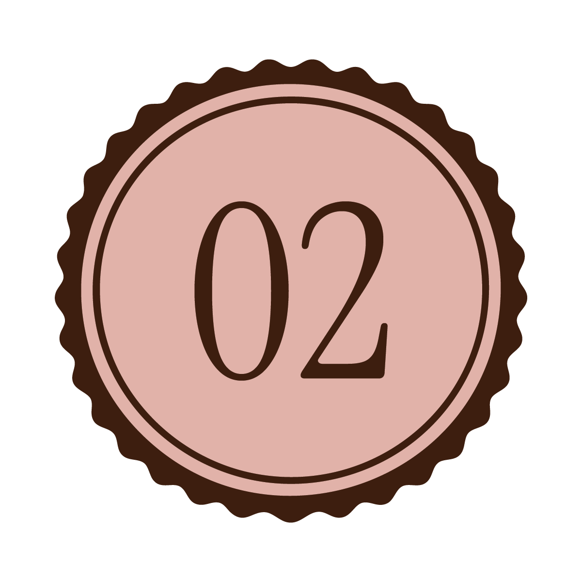 A circular digital illustration resembling a badge with a pink inner circle and a dark scalloped edge. The number "02" is displayed prominently in the center in dark brown.