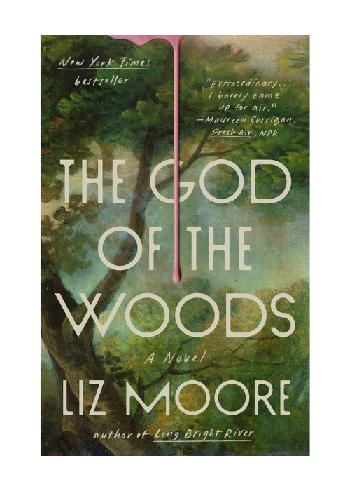 Book cover titled "The God of the Woods" by Liz Moore, featuring a watercolor style illustration of a wooded scene with trees and greenery, and a pink bookmark or ribbon at the top center.